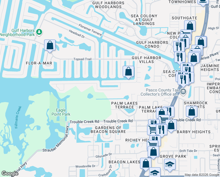 map of restaurants, bars, coffee shops, grocery stores, and more near 4401 Rudder Way in New Port Richey