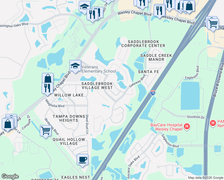map of restaurants, bars, coffee shops, grocery stores, and more near 4906 Pennecott Way in Wesley Chapel