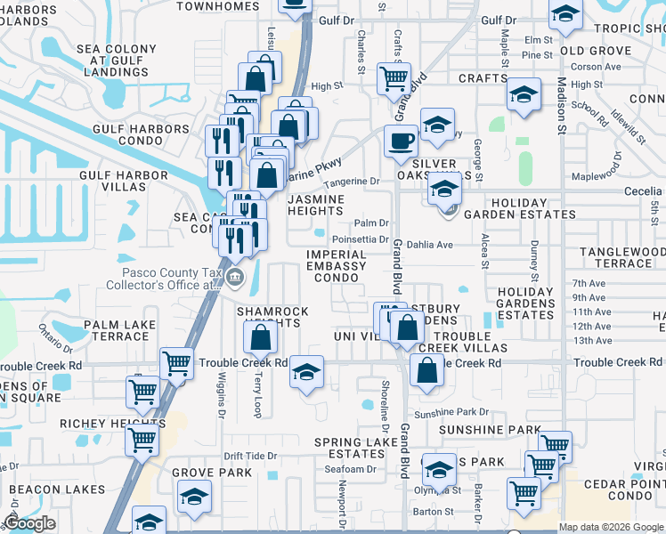 map of restaurants, bars, coffee shops, grocery stores, and more near 4744 Azalea Drive in New Port Richey