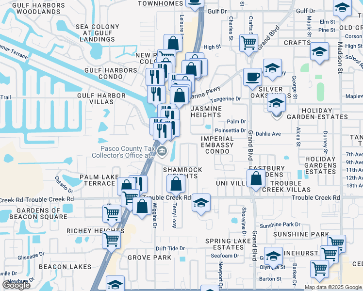 map of restaurants, bars, coffee shops, grocery stores, and more near 4744 Belfast Drive in New Port Richey