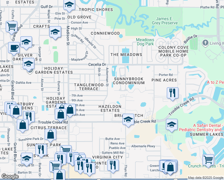 map of restaurants, bars, coffee shops, grocery stores, and more near 4739 Myrtle Oak Drive in New Port Richey