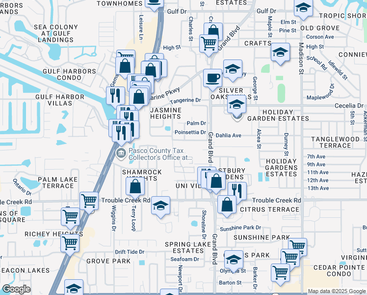 map of restaurants, bars, coffee shops, grocery stores, and more near 5410 Pasadena Drive in New Port Richey