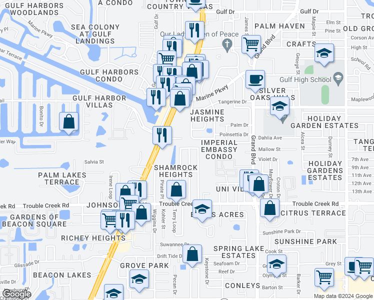 map of restaurants, bars, coffee shops, grocery stores, and more near 4745 Jacqueline Drive in Port Richey