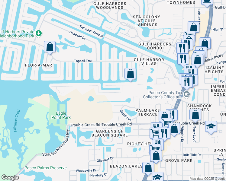 map of restaurants, bars, coffee shops, grocery stores, and more near 4401 Rudder Way in New Port Richey