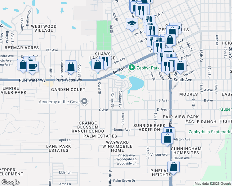 map of restaurants, bars, coffee shops, grocery stores, and more near 4847 Rollins Street in Zephyrhills