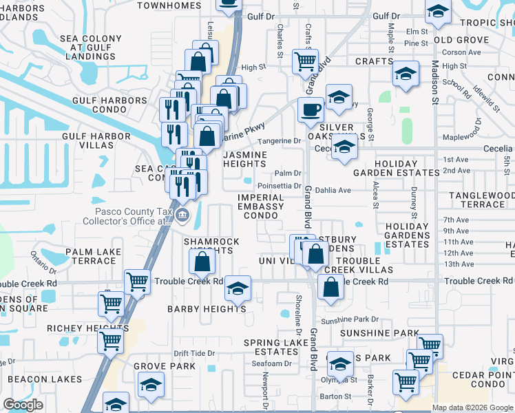 map of restaurants, bars, coffee shops, grocery stores, and more near 4744 Azalea Drive in New Port Richey