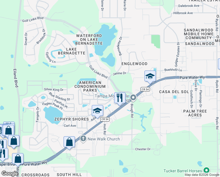 map of restaurants, bars, coffee shops, grocery stores, and more near 35222 Janine Drive in Zephyrhills