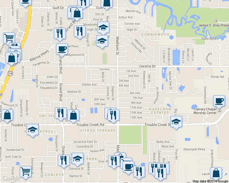 map of restaurants, bars, coffee shops, grocery stores, and more near 4746 Daphne Street in New Port Richey