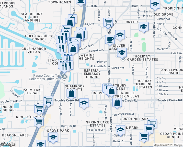 map of restaurants, bars, coffee shops, grocery stores, and more near 4744 Azalea Drive in New Port Richey