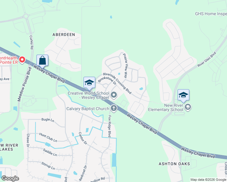 map of restaurants, bars, coffee shops, grocery stores, and more near 32124 NorthRidge Drive in Wesley Chapel