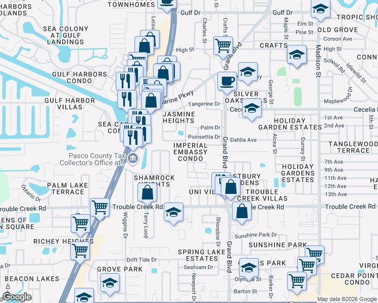 map of restaurants, bars, coffee shops, grocery stores, and more near 4744 Azalea Drive in New Port Richey