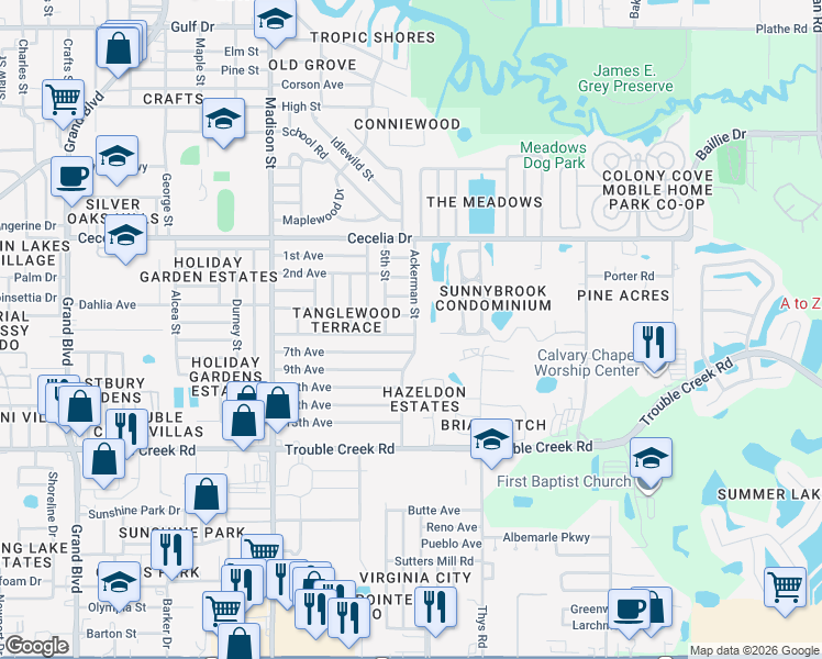 map of restaurants, bars, coffee shops, grocery stores, and more near 6317 6th Avenue in New Port Richey