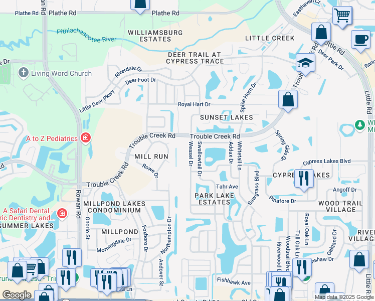map of restaurants, bars, coffee shops, grocery stores, and more near 4745 Weasel Dr in New Port Richey