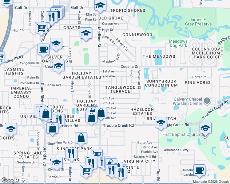 map of restaurants, bars, coffee shops, grocery stores, and more near 4749 Elmwood Street in New Port Richey