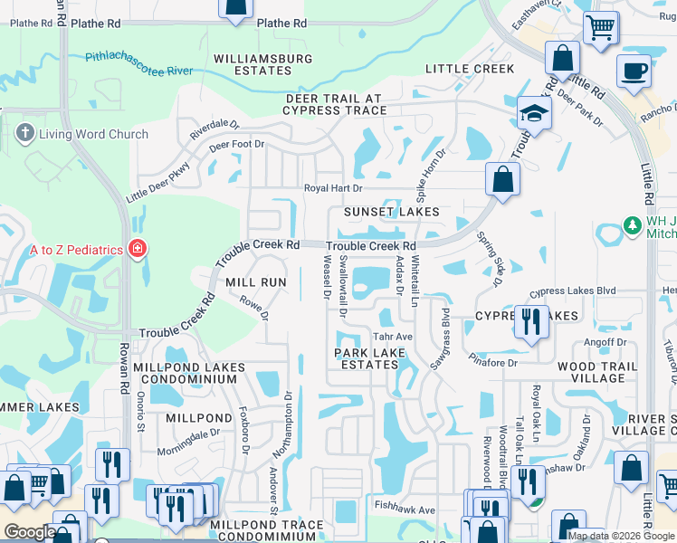 map of restaurants, bars, coffee shops, grocery stores, and more near 4745 Weasel Drive in New Port Richey