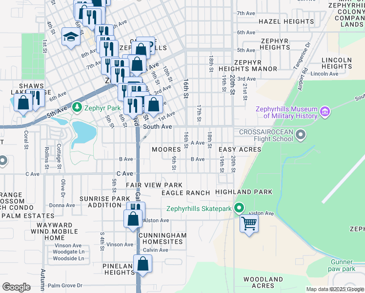 map of restaurants, bars, coffee shops, grocery stores, and more near 4853 16th Street in Zephyrhills