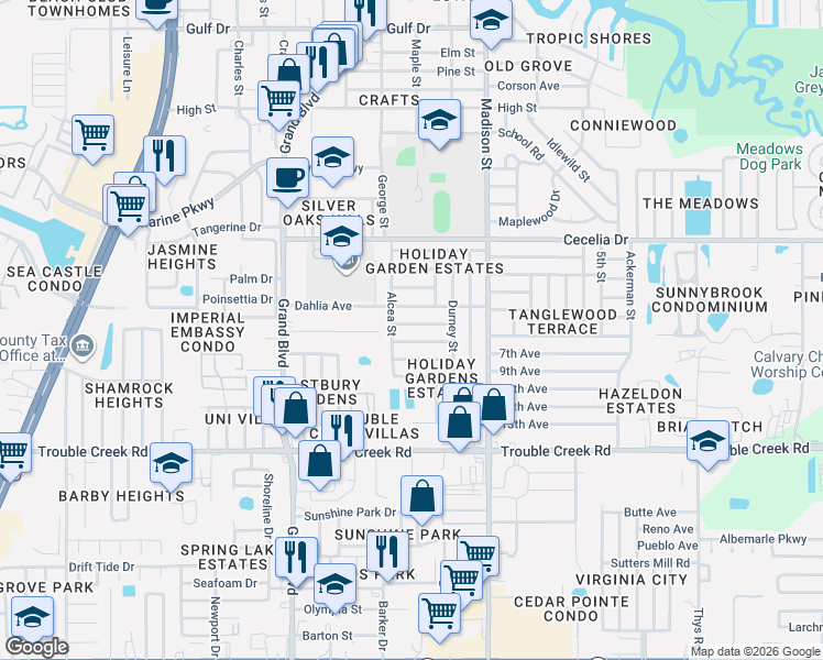 map of restaurants, bars, coffee shops, grocery stores, and more near 5746 Friedly Avenue in New Port Richey