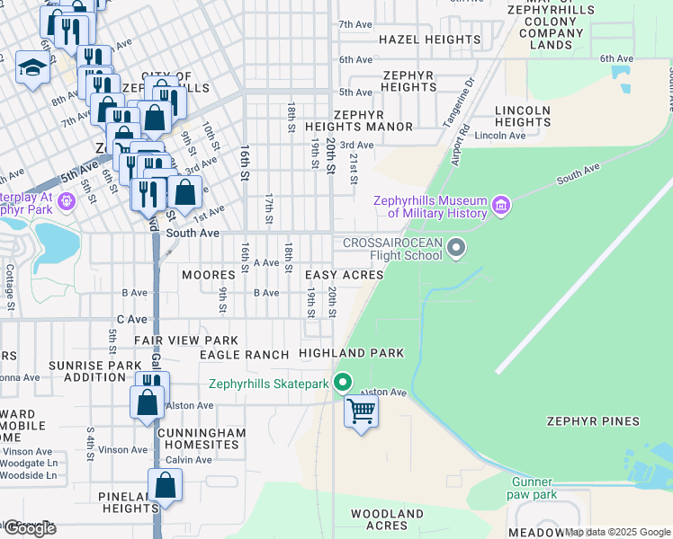 map of restaurants, bars, coffee shops, grocery stores, and more near 39007 Blue Jay Avenue in Zephyrhills