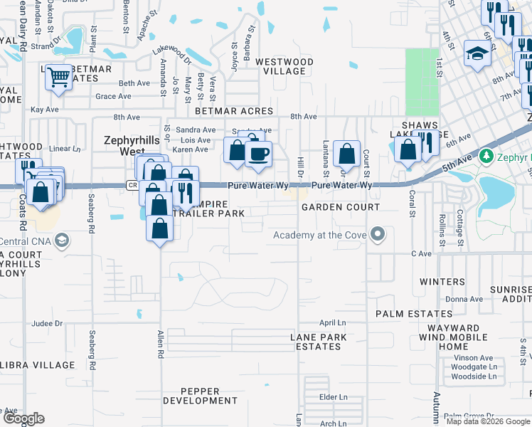 map of restaurants, bars, coffee shops, grocery stores, and more near 37341 Hammond Drive in Zephyrhills