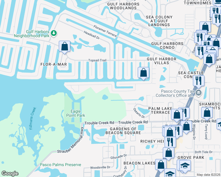 map of restaurants, bars, coffee shops, grocery stores, and more near 4212 Rudder Way in Port Richey