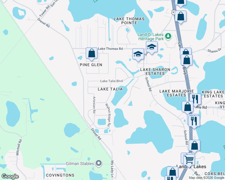 map of restaurants, bars, coffee shops, grocery stores, and more near in Land O' Lakes