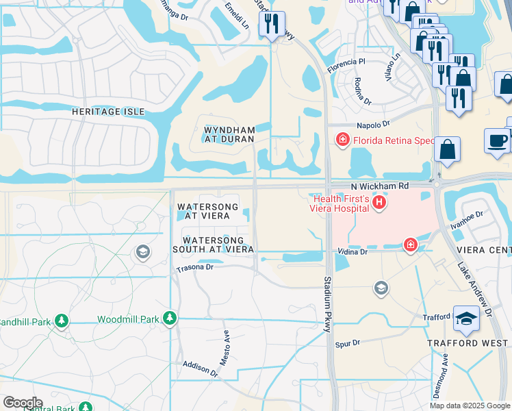 map of restaurants, bars, coffee shops, grocery stores, and more near Wyndham Drive in Melbourne