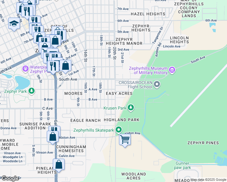 map of restaurants, bars, coffee shops, grocery stores, and more near 39007 Blue Jay Avenue in Zephyrhills