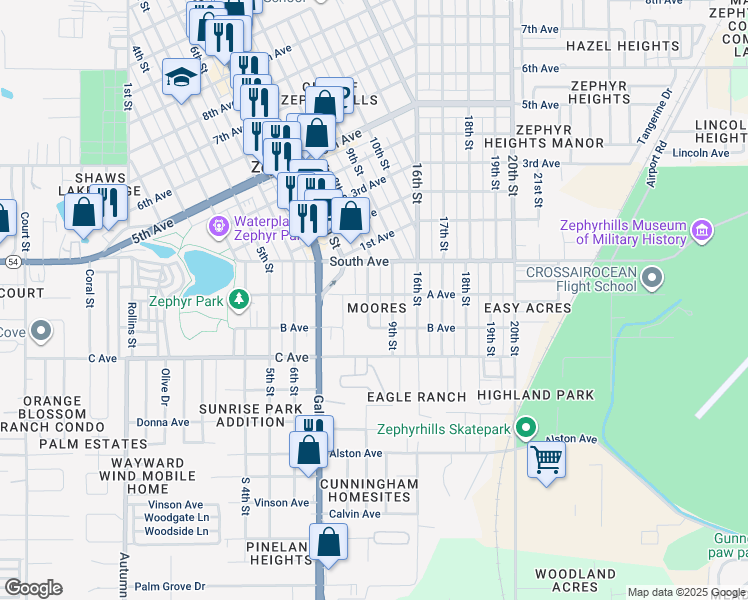 map of restaurants, bars, coffee shops, grocery stores, and more near 4900 8th Street in Zephyrhills