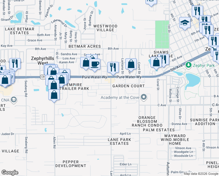 map of restaurants, bars, coffee shops, grocery stores, and more near 37439 Hammond Drive in Zephyrhills