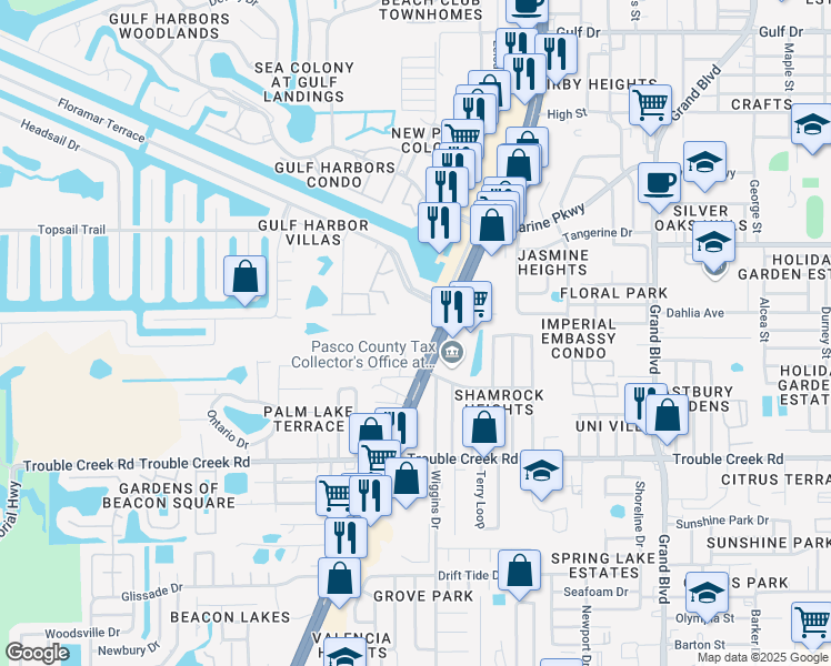 map of restaurants, bars, coffee shops, grocery stores, and more near 4767 U.S. 19 in New Port Richey