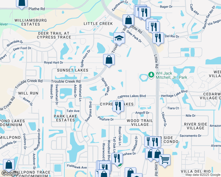 map of restaurants, bars, coffee shops, grocery stores, and more near 4748 Spring Side Drive in New Port Richey