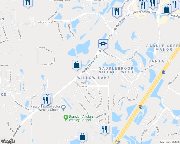 map of restaurants, bars, coffee shops, grocery stores, and more near 4981 Steel Dust Lane in Lutz