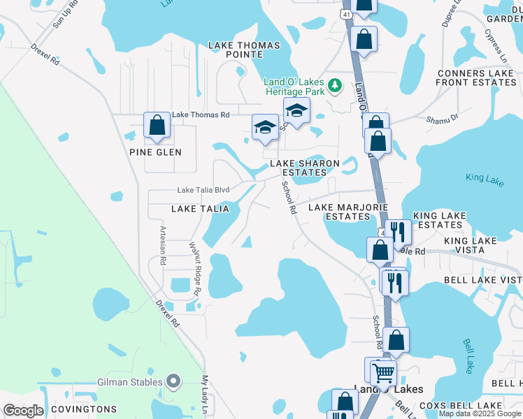 map of restaurants, bars, coffee shops, grocery stores, and more near 21206 Tyrell Way in Land O' Lakes