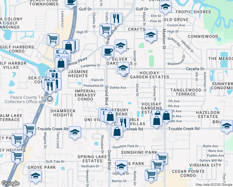 map of restaurants, bars, coffee shops, grocery stores, and more near 5553 Mallow Street in New Port Richey