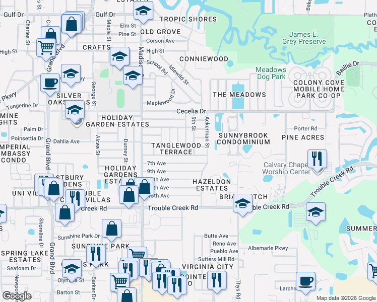 map of restaurants, bars, coffee shops, grocery stores, and more near 4748 Fleetwood Street in New Port Richey