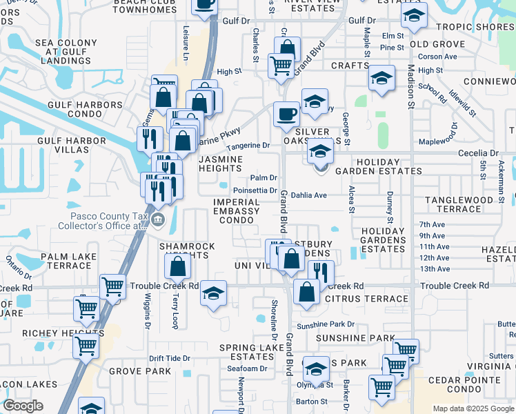 map of restaurants, bars, coffee shops, grocery stores, and more near 5410 Pasadena Drive in New Port Richey