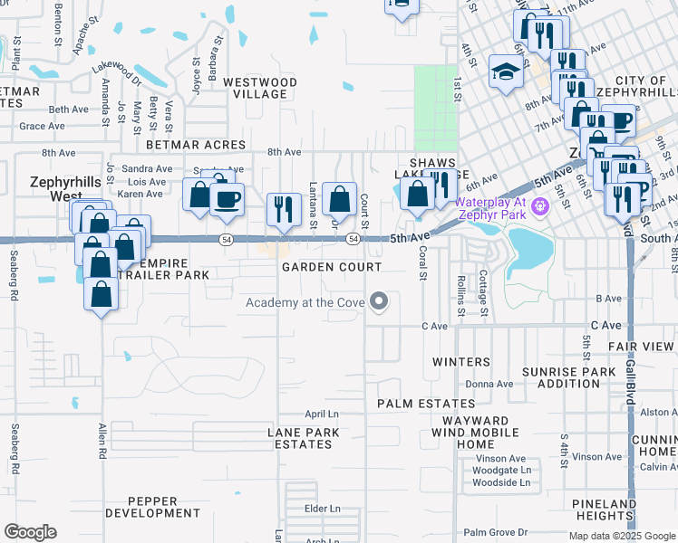 map of restaurants, bars, coffee shops, grocery stores, and more near 4901 Garden Street in Zephyrhills