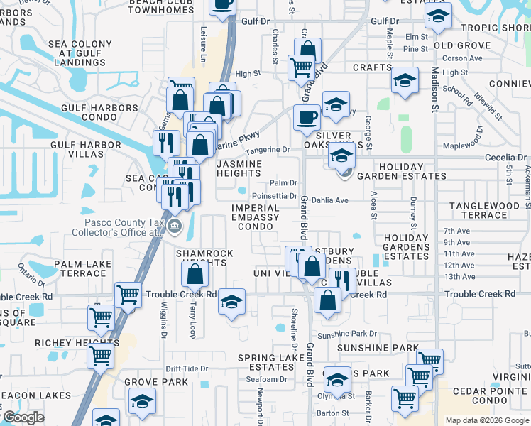 map of restaurants, bars, coffee shops, grocery stores, and more near 5410 Pasadena Drive in New Port Richey