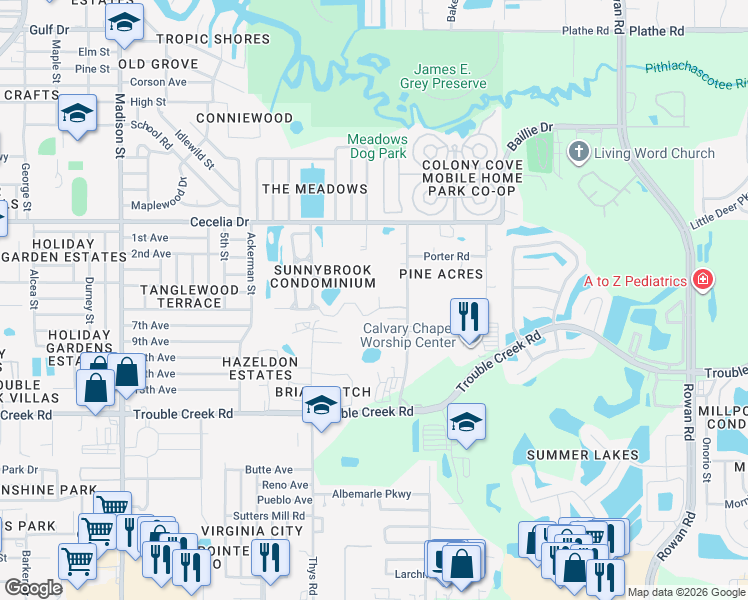 map of restaurants, bars, coffee shops, grocery stores, and more near 6635 Spring Flower Drive in New Port Richey
