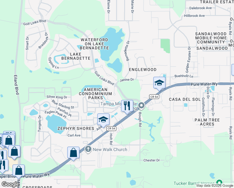 map of restaurants, bars, coffee shops, grocery stores, and more near 35222 Janine Drive in Zephyrhills