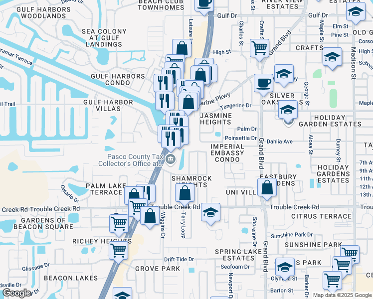 map of restaurants, bars, coffee shops, grocery stores, and more near 4744 Belfast Drive in New Port Richey