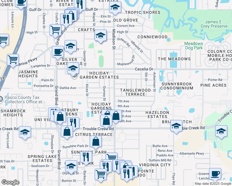 map of restaurants, bars, coffee shops, grocery stores, and more near 4800 Madison Street in New Port Richey