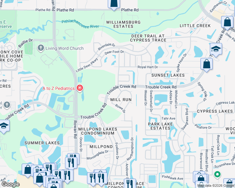 map of restaurants, bars, coffee shops, grocery stores, and more near 4745 Meadowsweet Court in New Port Richey