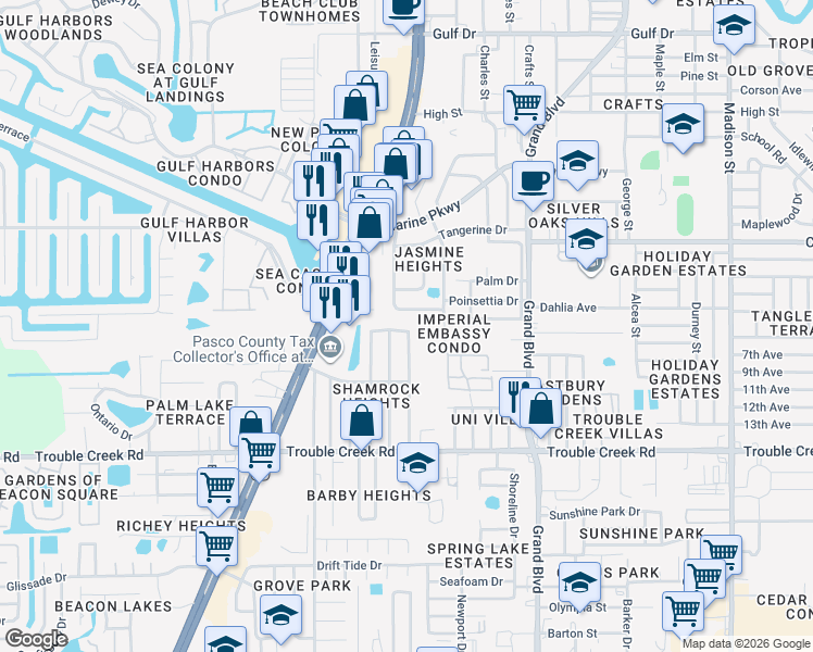 map of restaurants, bars, coffee shops, grocery stores, and more near 5211 Kilarney Court in New Port Richey