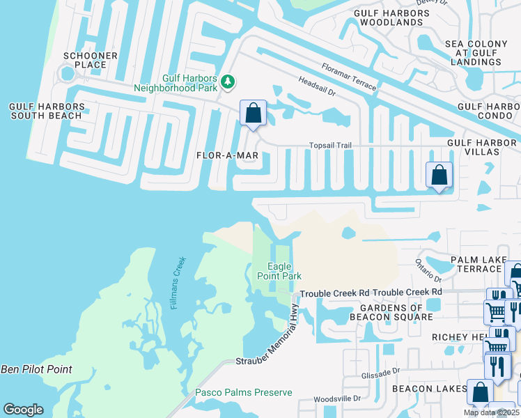 map of restaurants, bars, coffee shops, grocery stores, and more near 3840 Rudder Way in New Port Richey