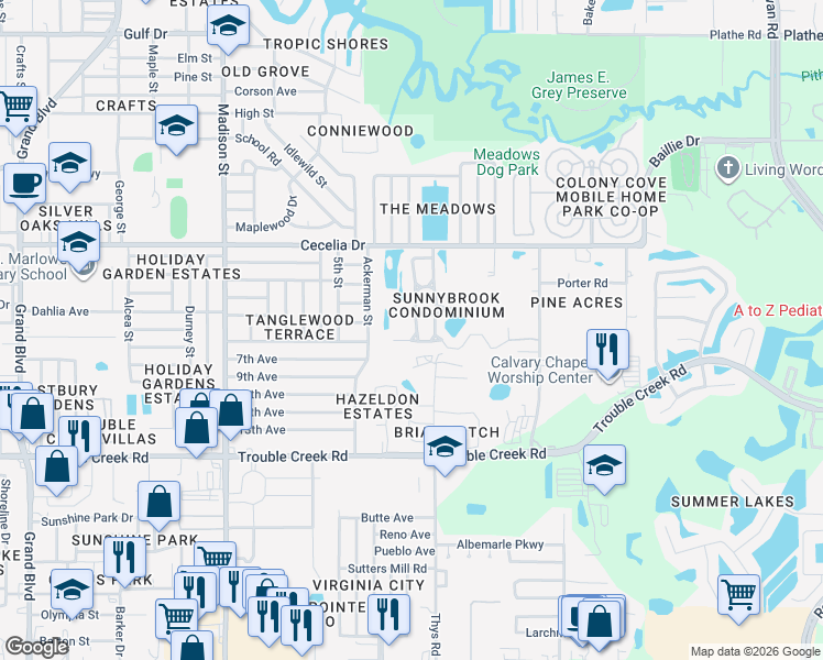map of restaurants, bars, coffee shops, grocery stores, and more near 4739 Myrtle Oak Drive in New Port Richey