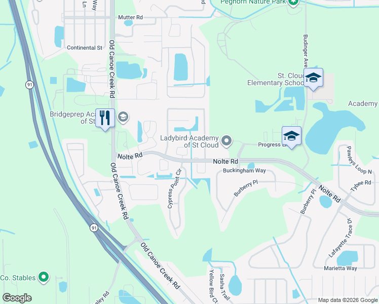 map of restaurants, bars, coffee shops, grocery stores, and more near 3279 Villa Way Circle in St. Cloud