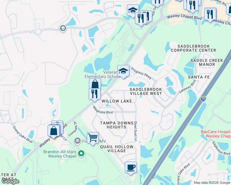 map of restaurants, bars, coffee shops, grocery stores, and more near 4967 Steel Dust Lane in Lutz