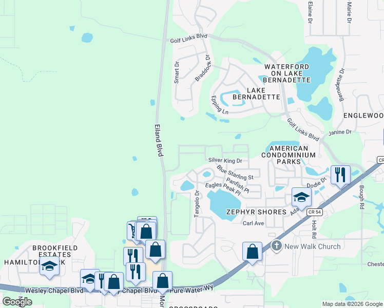 map of restaurants, bars, coffee shops, grocery stores, and more near Blue Starling Street in Zephyrhills