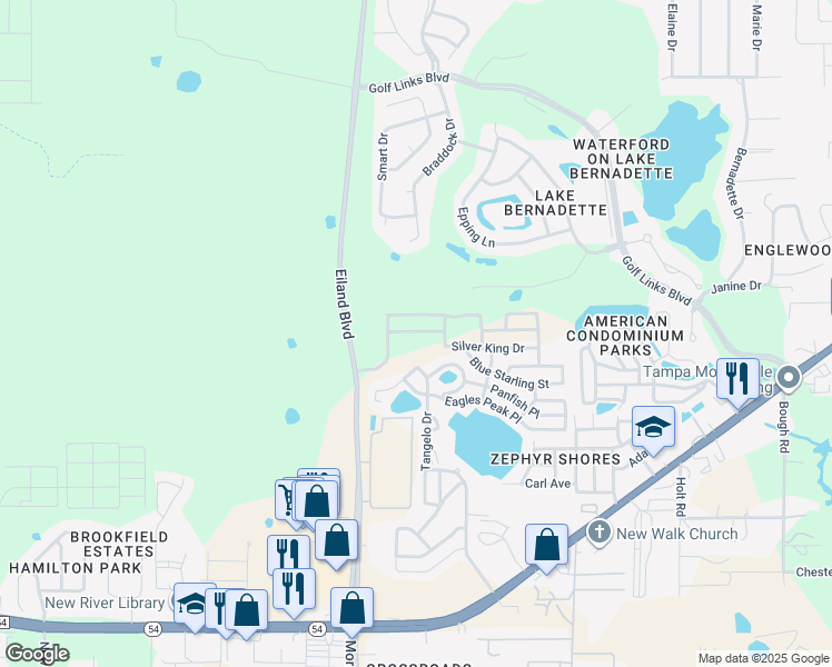 map of restaurants, bars, coffee shops, grocery stores, and more near Blue Starling Street in Zephyrhills